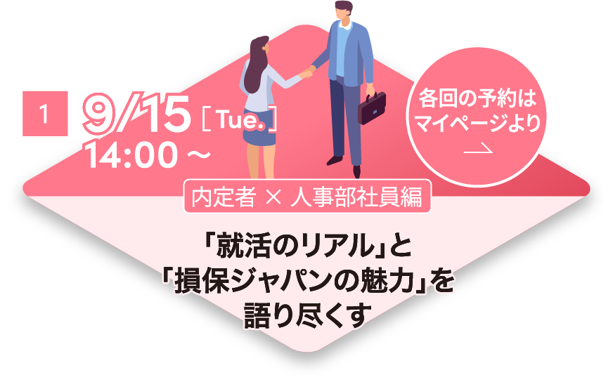 1 9/15[Tue.] 14:00~ 内定者×人事部社員編 「就活のリアル」と「損保ジャパンの魅力」を語り尽くす 各回の予約はマイページより