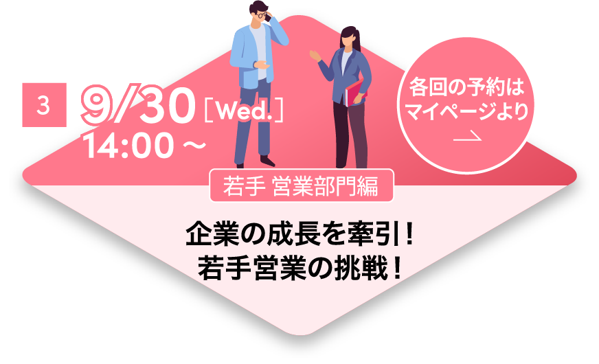 3 9/30[Wed.] 14:00~ 若手 営業部門編 企業の成長を牽引！若手営業の挑戦！ 各回の予約はマイページより